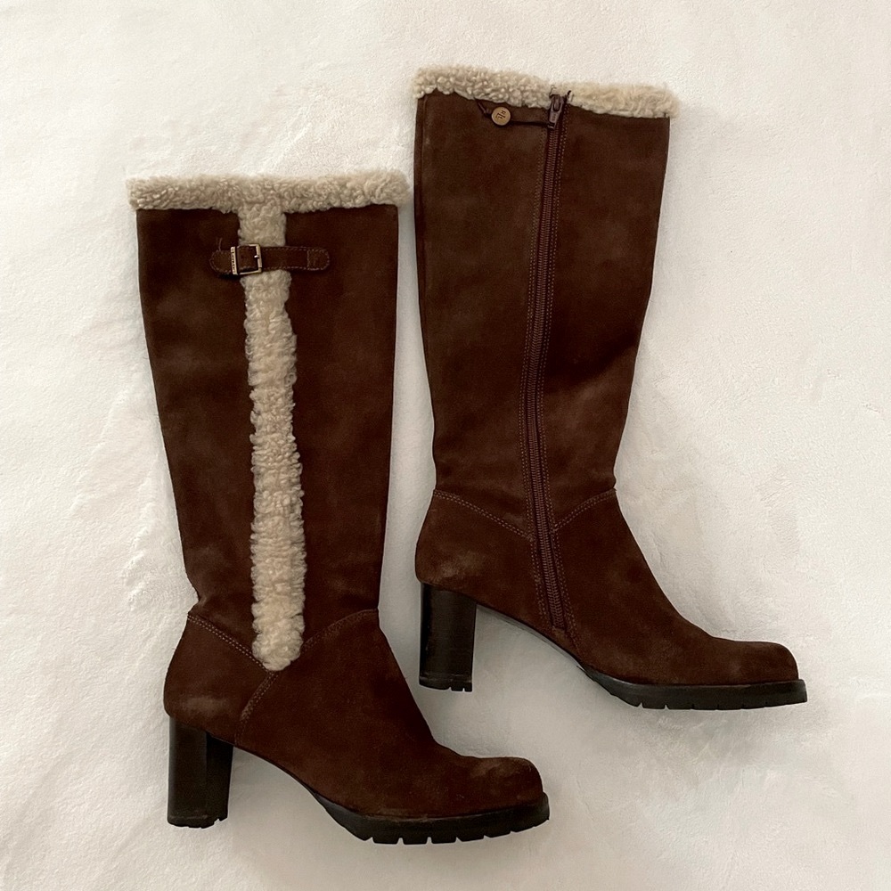 Ralph Lauren Brown Suede Shearling-Trim Heeled Boots
